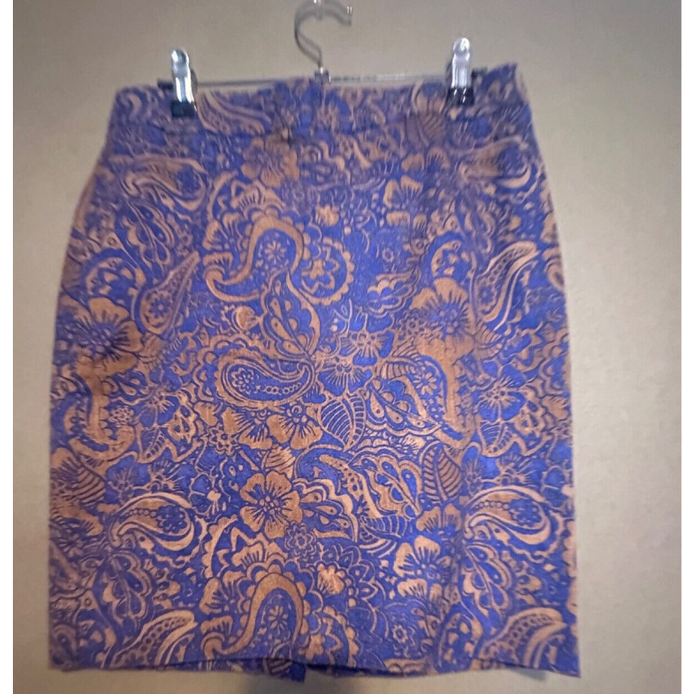 Loft Petites Skirt Size 6P Knee Length Lined Gold Blue Floral Pencil